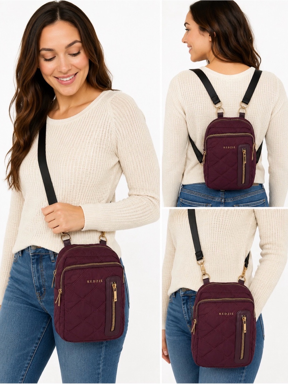 Kedzie Quilted Convertible Backpack Crossbody Purse Burgundy Nylon Gold Hardware